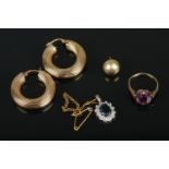 A collection of 9ct jewellery to include pair of hoop earrings, ring and pendant. Total weight 8.5g.