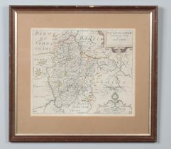 William Kip after Christopher Saxton, a framed coloured engraving, map of Nottinghamshire. Dated