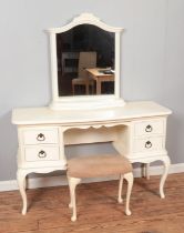 A white painted Willis and Gambier dressing table, mirror and footstool, with labels to the inside