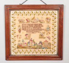 A framed Victorian sampler by Elizabeth Jennings, dated 1865. Decorated with birds, flowers and a
