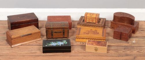 Twelve assorted wooden boxes, including carved leaf, brass bound tea chest, cigarette and hinged