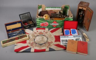 A box of collectables. Includes cased microscope, observers books, compacts, Edward VIII flag, etc.