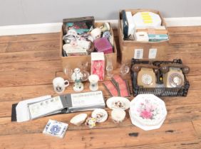 Three boxes of miscellaneous to include Poole pottery, Purbeck, two Rotary Phones, glassware,