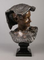 After Jean Baptiste Carpeaux, a Bretby cold painted terracotta bust, Neapolitan girl, raised on