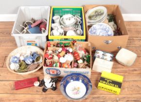 Four boxes of miscellaneous. Includes Christmas decorations, Royal Worcester, Coalport, ruby glass