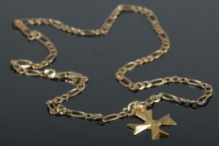 A 18ct gold Maltese cross pendant on 9ct gold chain. 12.7g.