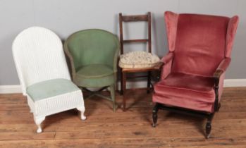 A selection of chairs including rattan examples and pink velvet rocking chair