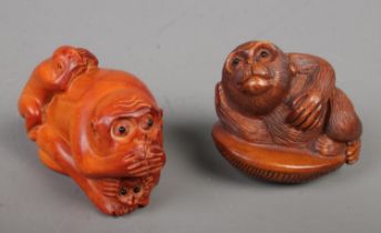 Two Japanese carved Netsuke. Includes three wise monkeys example, etc.