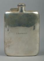 A George VI silver 3/8 pint hip flask marked for G Schonhut. Assayed Sheffield 1939 by James Dixon &