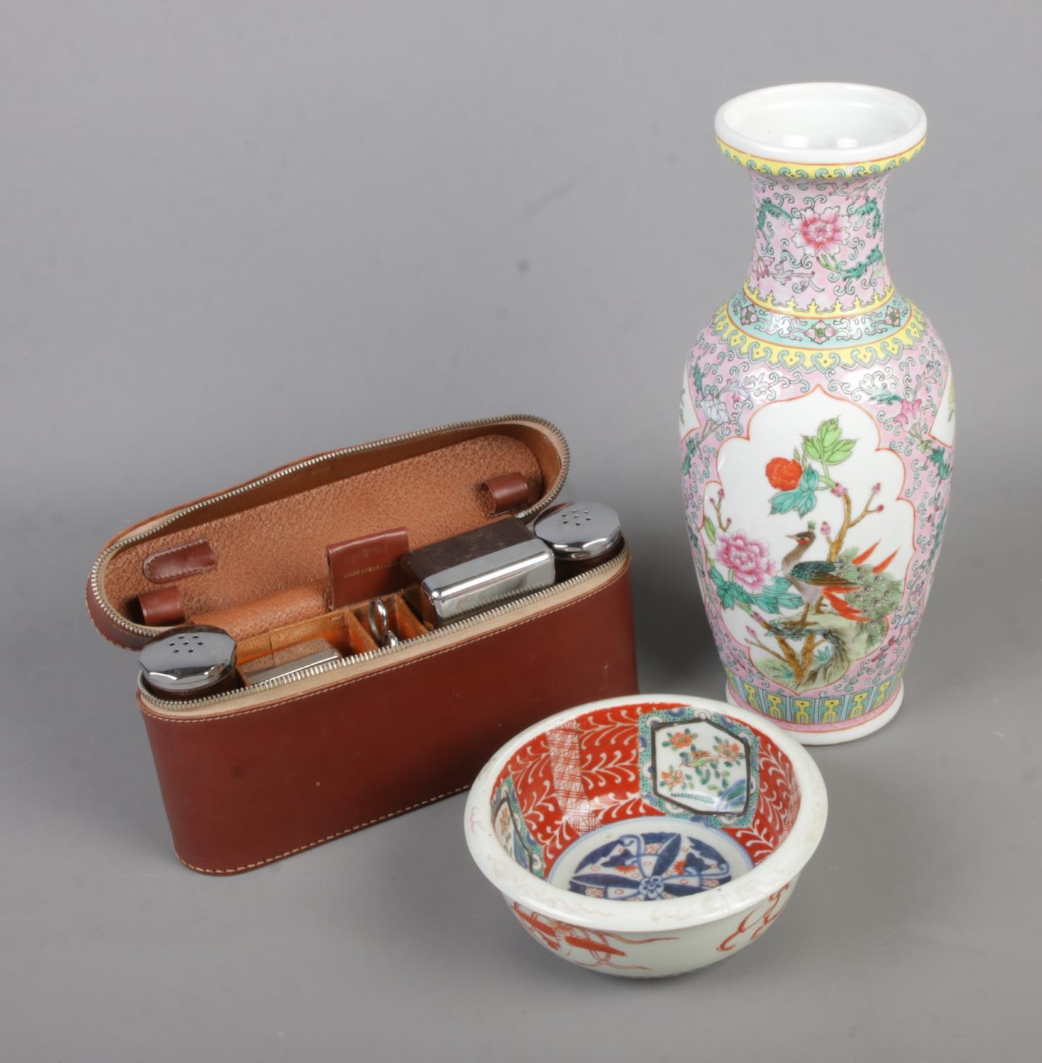 A Chinese Famille Rose vase along with oriental Imari dish and gents cased vanity set.