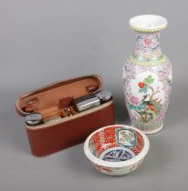 A Chinese Famille Rose vase along with oriental Imari dish and gents cased vanity set.
