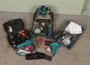 A collection of power tools. Includes Bosch, Black & Decker, Makita, Drill Doctor Drill Bit