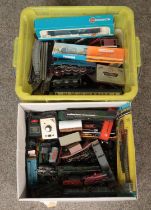 Two boxes of assorted model railway, for spares/repairs. To include engines, shells, carriages,