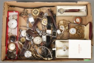 A tray of ladies & gents watches. Includes fob watches, movements, albert chains, etc.