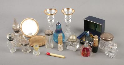 A quantity of collectables. Includes silver mounted jars, perfume bottles, Royal Mail paperweight,