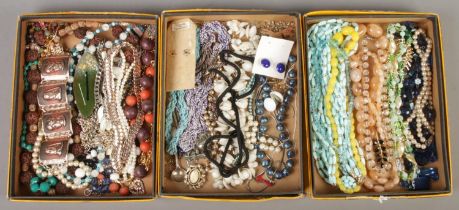 Three trays of jewellery. Includes vintage costume, bead necklaces, etc.
