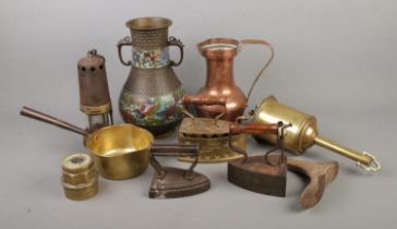 An interesting collection of metalwares including large cloisonne vase, miners lamp, Salter's