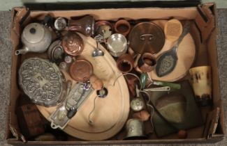 A box of mostly collectable wooden and metalwares. jewellery box, horn beaker, copper moulds, etc.