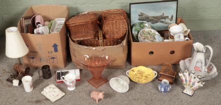 Three boxes of miscellaneous. Includes wicker baskets, ceramic wash jug and bowl, Wedgwood Peter