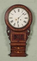 A Victorian walnut inlaid drop dial 8 day wall clock with Roman numerals to face