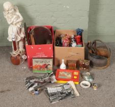 Two boxes of miscellaneous. Includes clocks, coal scuttle, art glass, board games, etc.