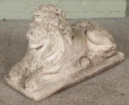 A reconstituted stone lion in recumbent pose. Lx71cm