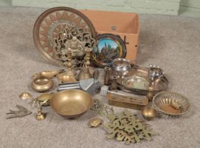 A box of metalwares. Includes brasswares, silverplate, Eastern tray, Tala tenderizer etc.