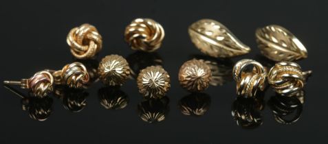 A collection of 9ct gold earrings. Includes four pairs and three oddments. Unmarked. 4.48g.