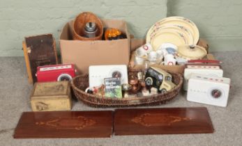 Three boxes of assorted items, to include vintage tins, wicker basket, mineral specimens,