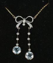 A 9ct gold topaz diamond & pearl pendant on chain.