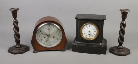 A Smiths Enfield mantel clock along with black slate example and pair of barley twist wooden