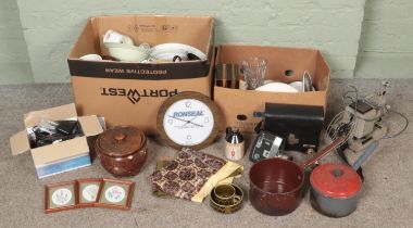 Two boxes of miscellaneous. Includes Eumig projector, cased, Bell & Howell Sportster V, red and