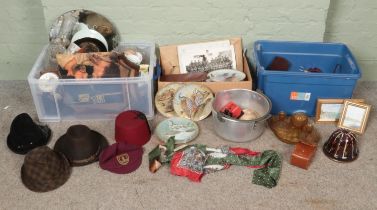 Three boxes of miscellaneous. Includes Gamebirds of the World cabinet plates, hats, mirror,