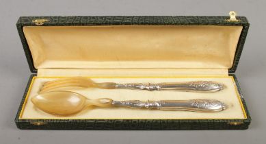A French silver handle fork and spoon server set faux crocodile skin presentation box