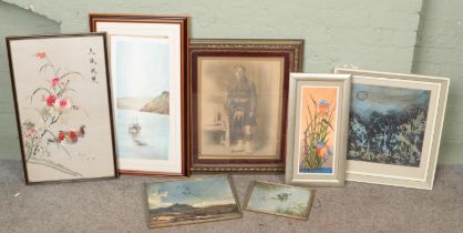 A quantity of pictures and prints. Includes Fred Moody embroidery depicting a King Fisher and baring