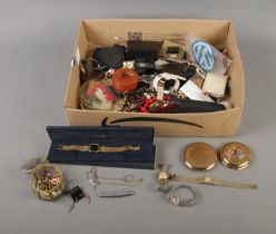 A box of assorted costume jewellery, wristwatches and accessories to include Stratton compacts,