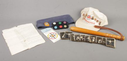 A small assortment of collectables, to include wooden truncheon, Boys Brigade cap, record card and