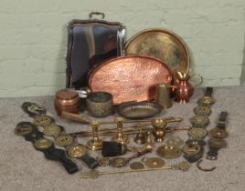 A box of metalwares. Includes Ruskin copper tray, Joseph Sankey brass jug, horse brasses etc.