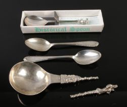 A collection of silver spoons with one boxed silver plate spoon, 105.6g Larger spoon snapped in