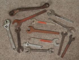 A box of heavy duty spanners and wrenches.