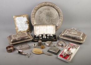 A box of mainly plated metalwares including cutlery set, hipflask, cruet set etc.