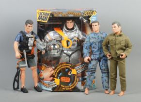 A boxed Hasbro Action Man 'Mission 2000' figure, together with three other action figures.