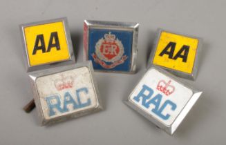 Five vintage badges. Includes two AA, two RAC and a Royal Military Police example.
