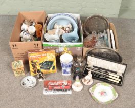 Three boxes of miscellaneous. Includes wash jug and bowl, boxed Prinztronic Videosport 600 game,