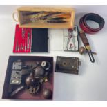 A vintage door lock, 2 vintage electrical extension sockets (not tested), a penknife, a leather