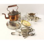 A mixed lot to include EPNS 13 teaspoons, 6 dessert forks, sugar snips, a sugar shaker, a copper