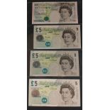 Four green LOWTHER Bank of England five pound notes - 2 sequential HB04 112008 and 09 (Elizabeth