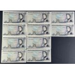 Seven blue Bank of England SOMERSET five pound notes serial nos EN41 072035, EY90 164406, JN02