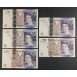 Five purple Bank of England twenty pound notes signed by CLELAND, SALMON and BAILEY