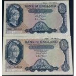 Two blue O'BRIEN five pound notes serial nos H80 701482 and J20 243922